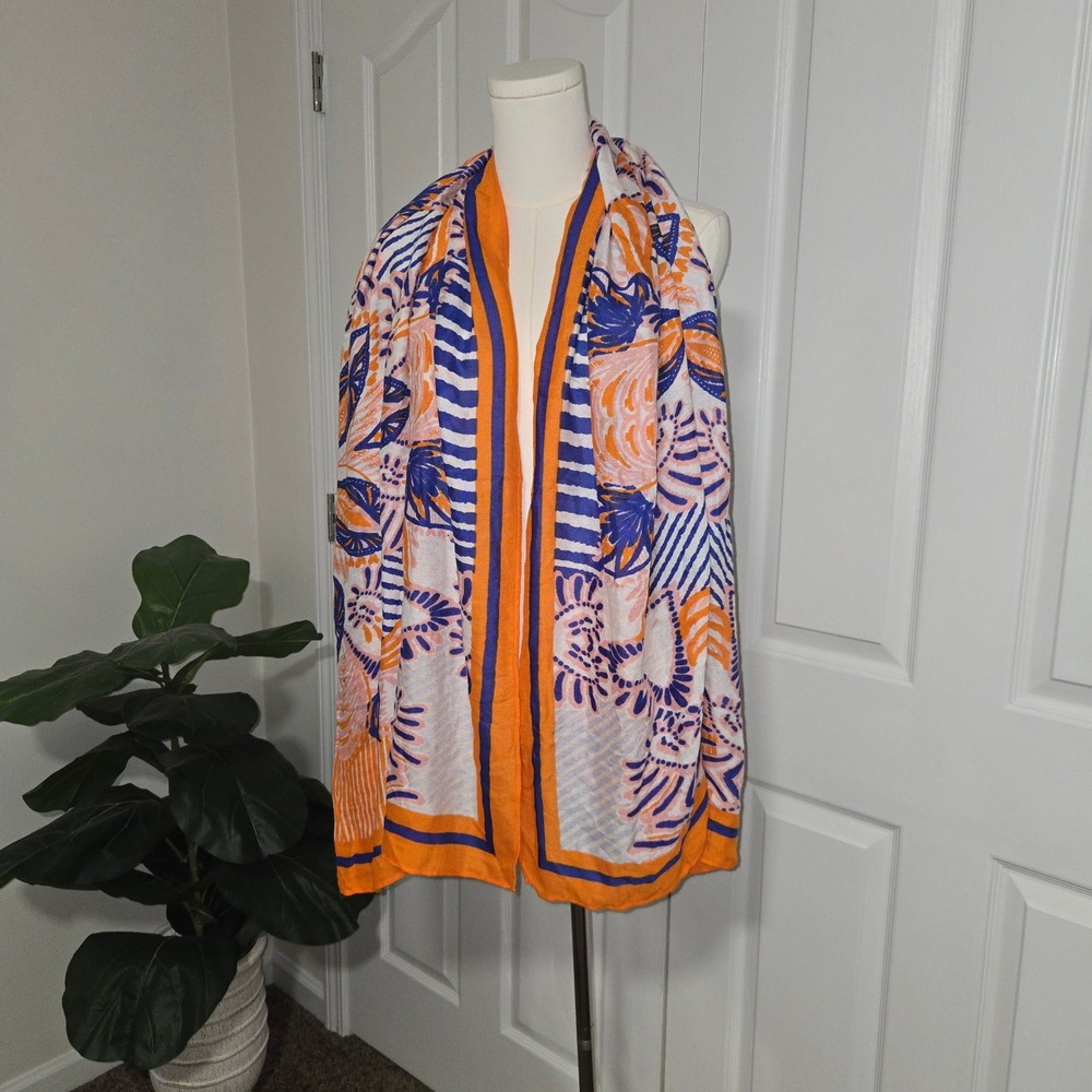 Unbranded Wrap Scarf Womens‎ One Size Orange Blue Tropical Floral Striped Shawl